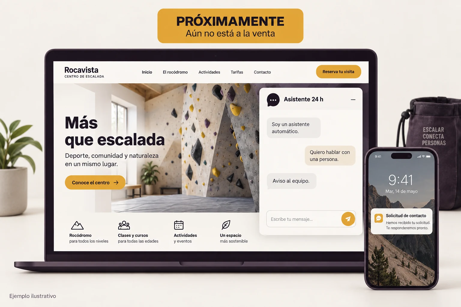 Ejemplo de un asistente que se identifica como automático y avisa al equipo cuando una persona pide contacto. Marcado como próximo lanzamiento.
