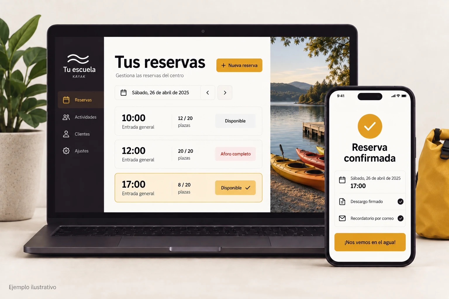 Ejemplo ilustrativo de reservas de kayak: turnos con aforo y confirmación en el móvil.