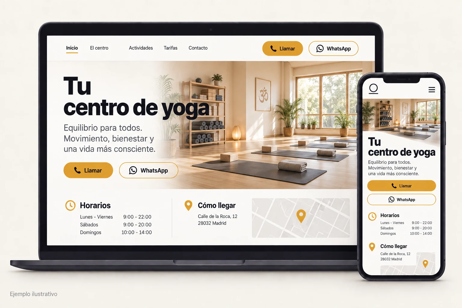 Ejemplo de una web para un centro de yoga, con horarios, mapa, llamada y WhatsApp en ordenador y móvil.