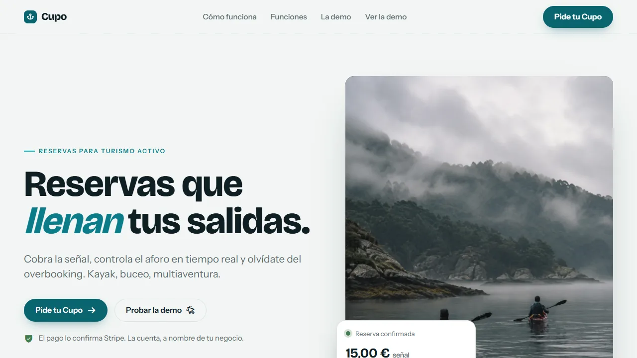 Cupo · booking demo for outdoor activity businesses
